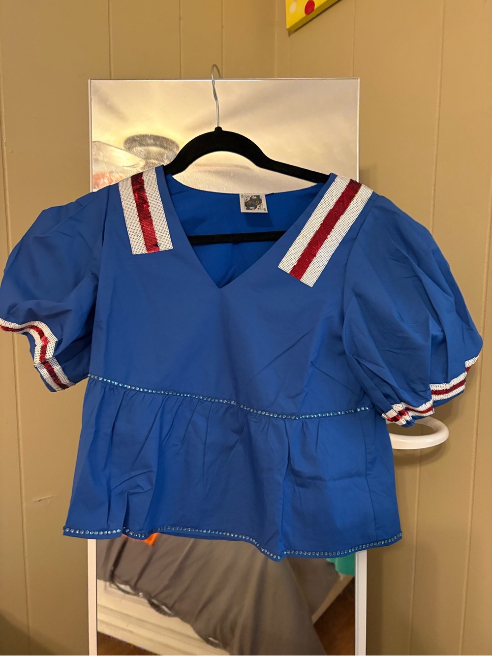 QUEEN OF SPARKLES Blue Peplum Top with Red & White Trim